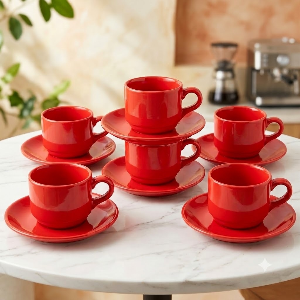 Cangkir Set 6pcs Keramik Lucky Gelas Minum Kopi Teh Warna + Pisin / Tatakan