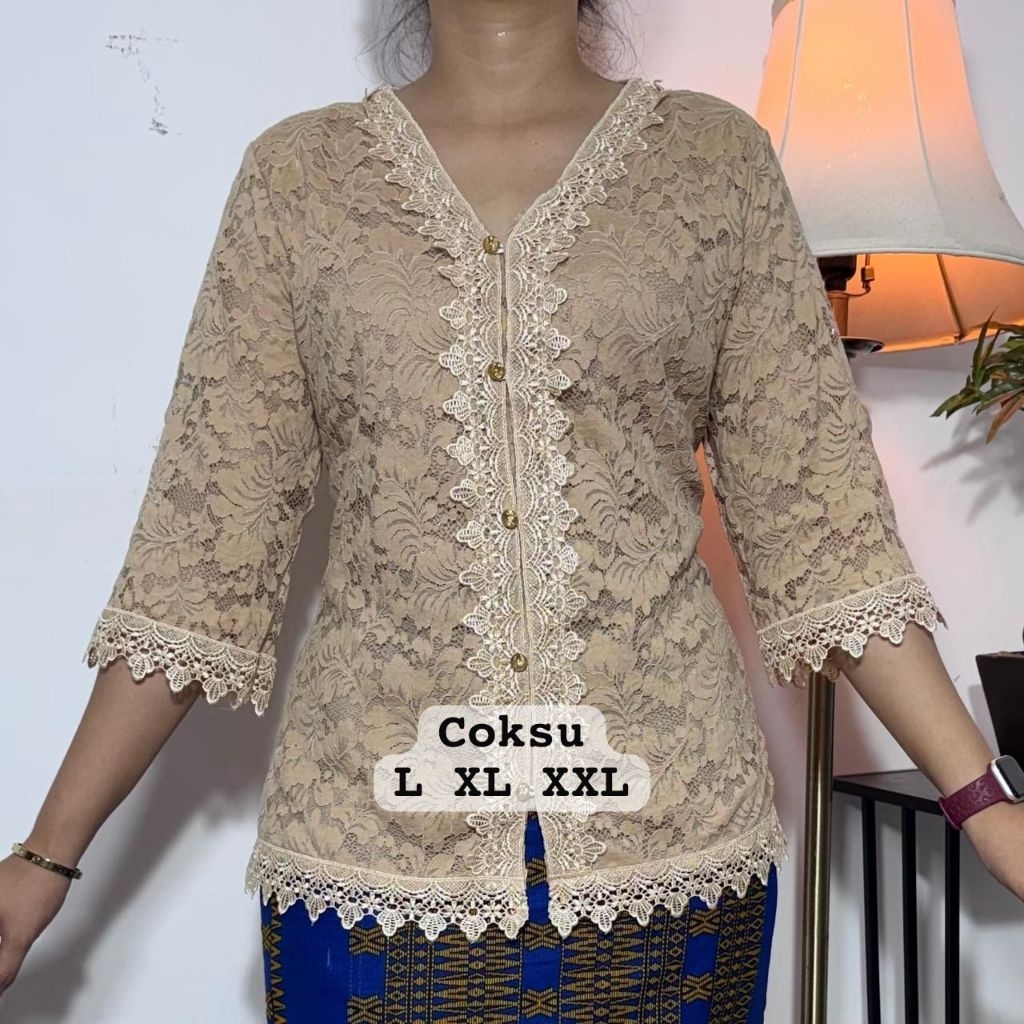 Blus renda kancing depan kombinasi brokat hoki ukuran kecil standrt dan jumbo