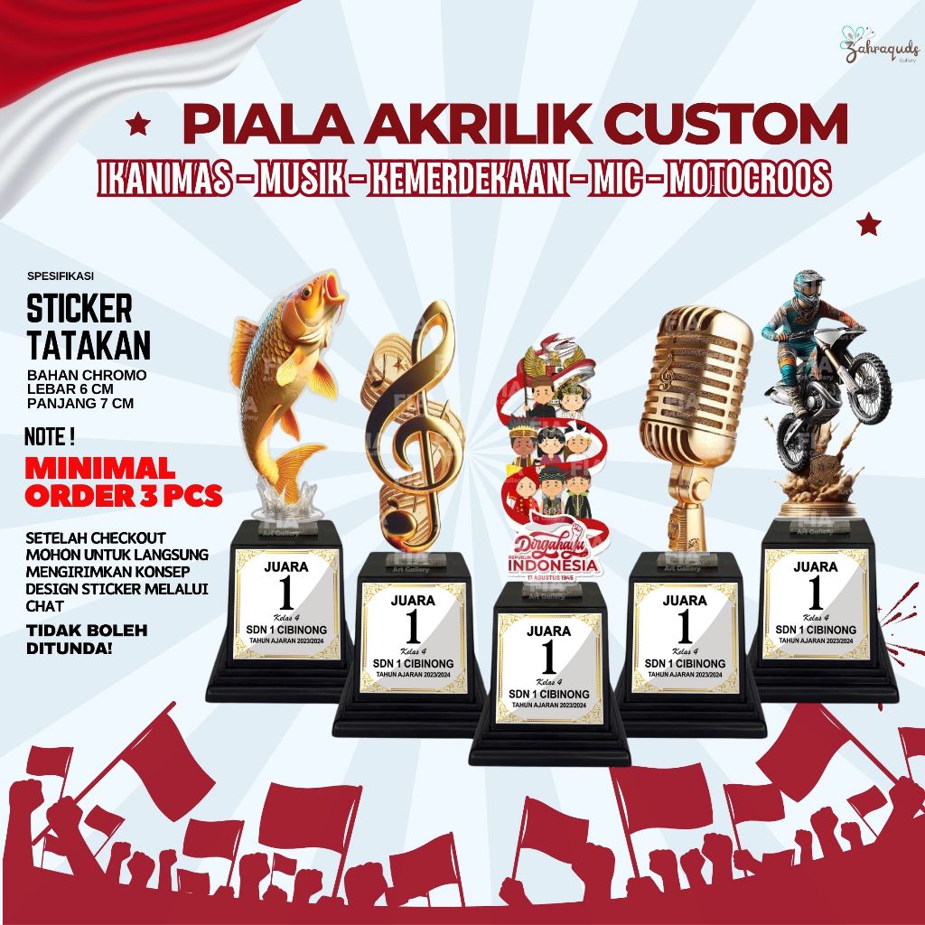 Piala Akrilik Kemerdekaan Agustusan, Ikan Mas / Carp, Motocross, Musik, Mic / Karaoke, Trophy Piala,