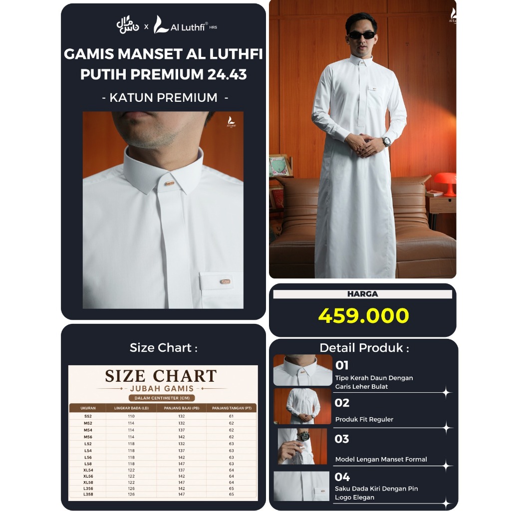 AL-LUTHFI | GAMIS PRIA PREMIUM - Jubah Pria Reguler Fit Kerah Kemeja Tangan Manset
