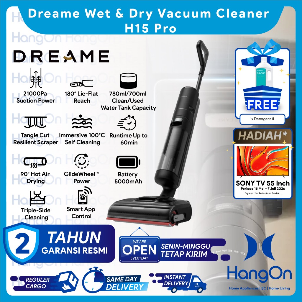Dreame H15 Pro Wet & Dry Vacuum Cleaner 21000Pa Suction AI Robotic Arm 180° Lie-Flat Design Pembersi