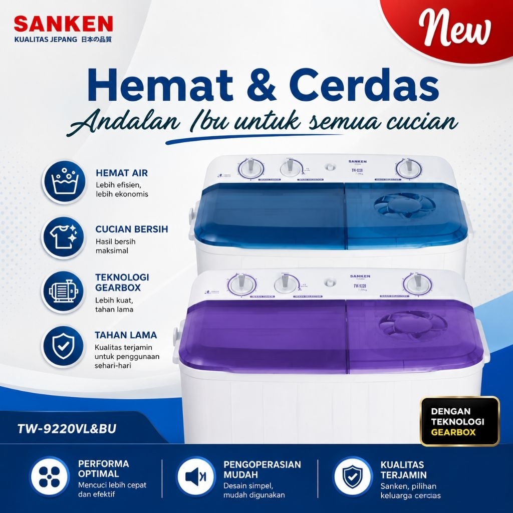 Sanken TW-9220BU / TW-9220VL Mesin Cuci 2 Tabung 7.5 Kg Low Watt Anti Rat Original