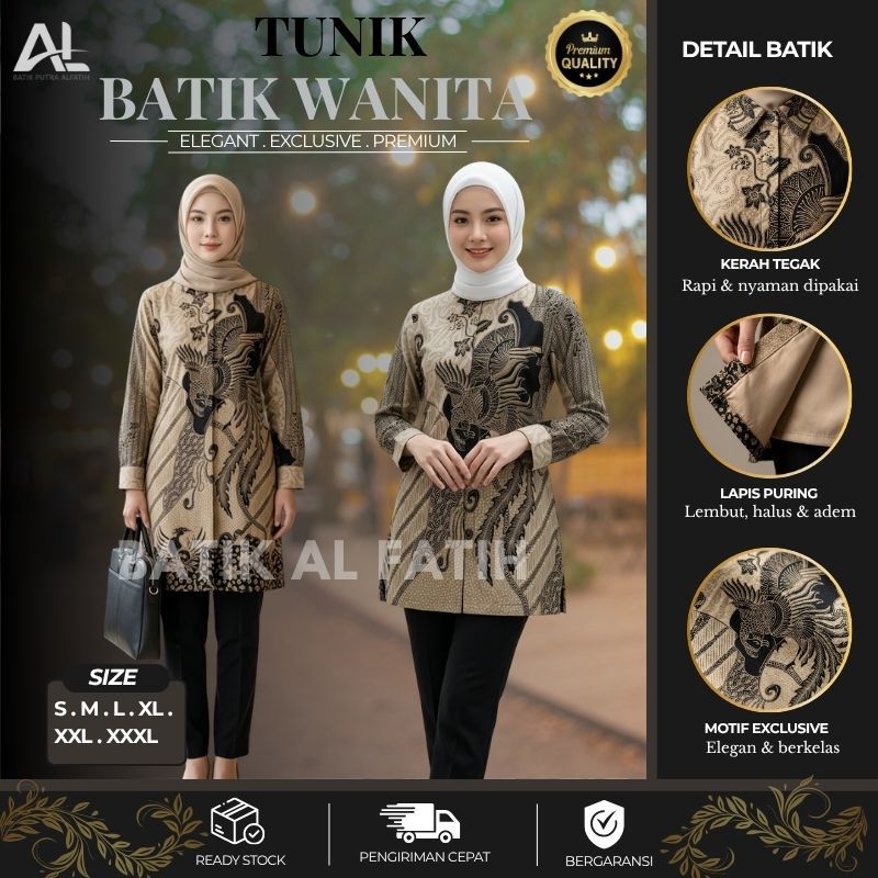 Batik Alfatih - Tunik Batik Premium Lengan Panjang Full Puring Motif Simharaja Warna Cream