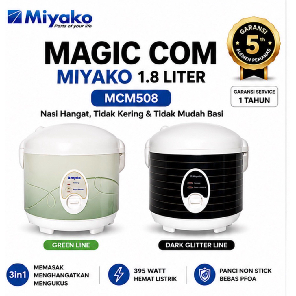 Magic Com Miyako MCM508 1.8L Original Rice Cooker Magic Warmer Plus 3in1 Anti Lengket Garansi 5 Tahu