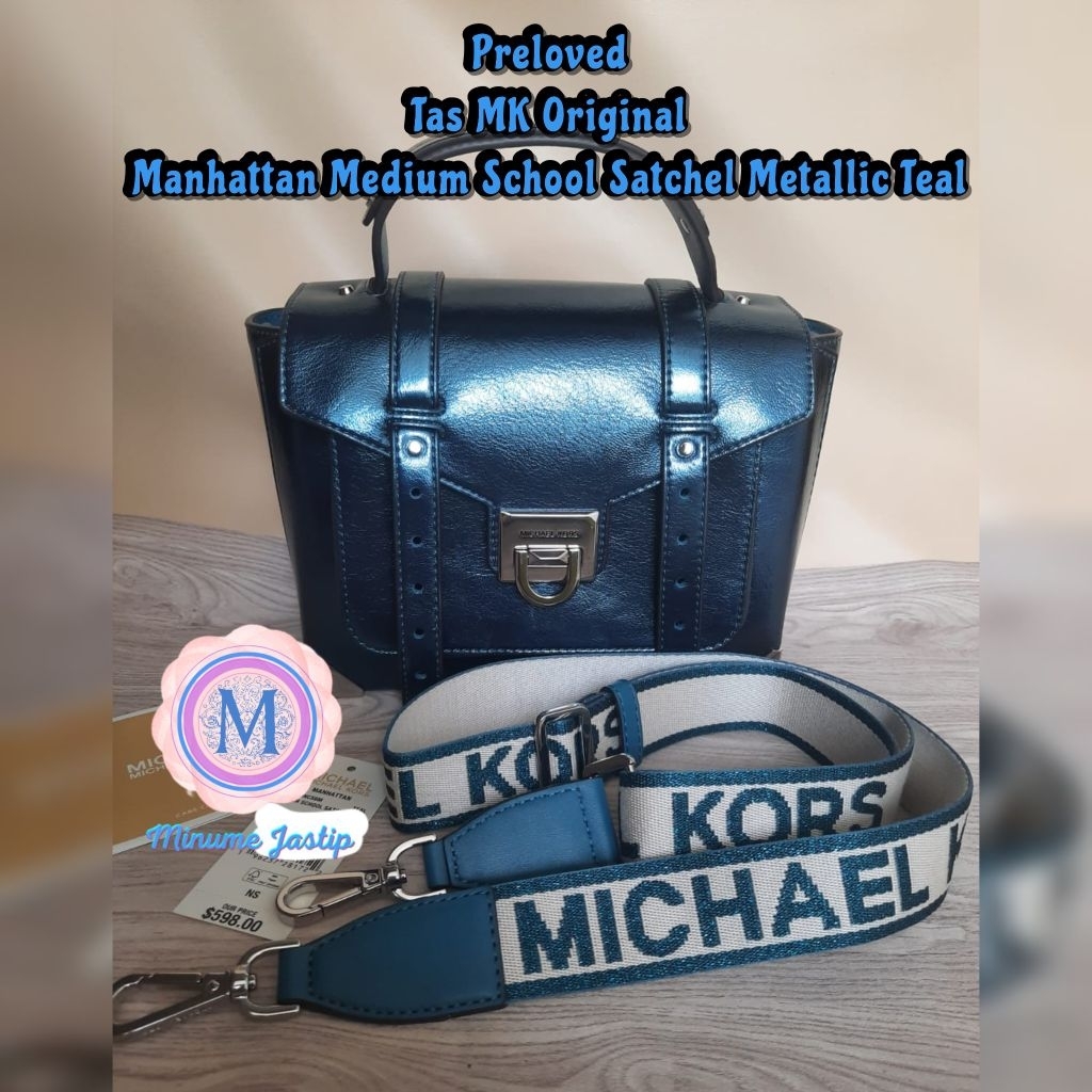 Preloved Tas MK Original Manhattan Medium School Satchel Metallic Teal Blue Crossbody