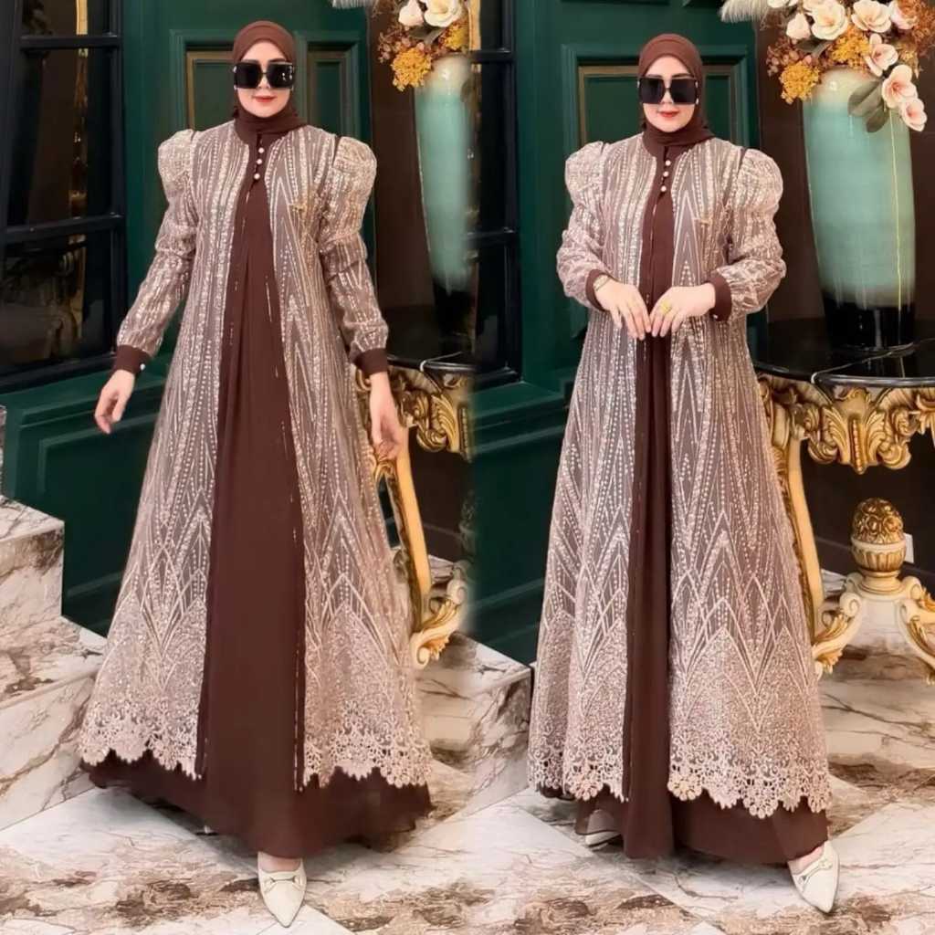 Maharaya Dress Gamis Wanita Bahan Ceruty Aplikasi Brokat Elegan Pesta Simple Busui Friendly Outer Te