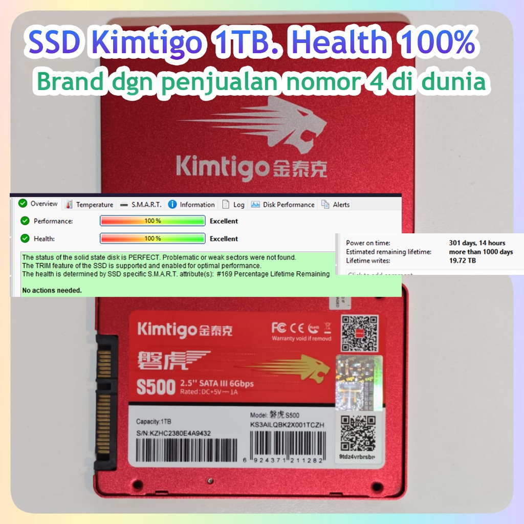 SSD Kimtigo 1TB Sentinel 100% 1 TB Second Bekas SATA Murah 1000 SSD Bekas Second Seken Copotan nvme 