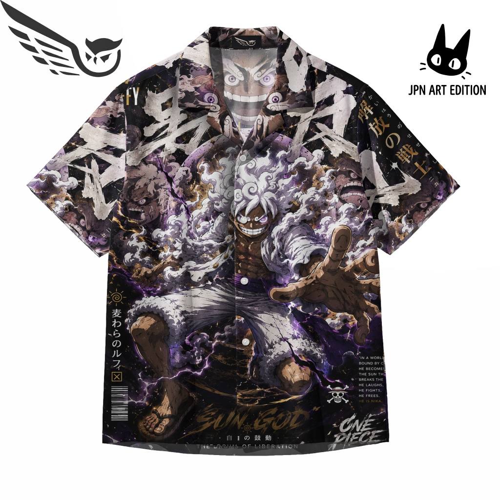 OWLSHIRT Kemeja Printing Luffy Gear 5 Baju Anime One Piece Sun God Nika Pria Wanita
