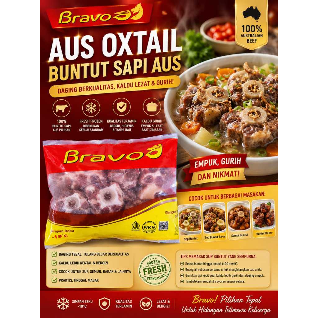 BUNTUT SAPI 1KG/ BRAVOO DAGING UNTUK SOP BUNTUT/ BUNTUT SAPI FROZEN/ BUNTUT SAPI OXTAIL PREMIUM DAGI