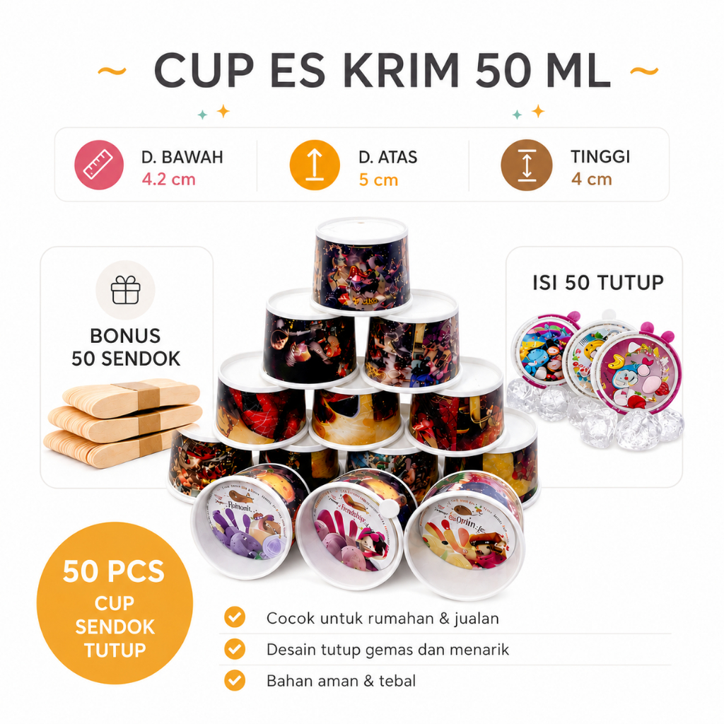 CUP ES KRIM DAN TUTUP NYA / PAPER CUP ES CREAM SENDOK TUTUP / CUP ICE CREAM LUCU