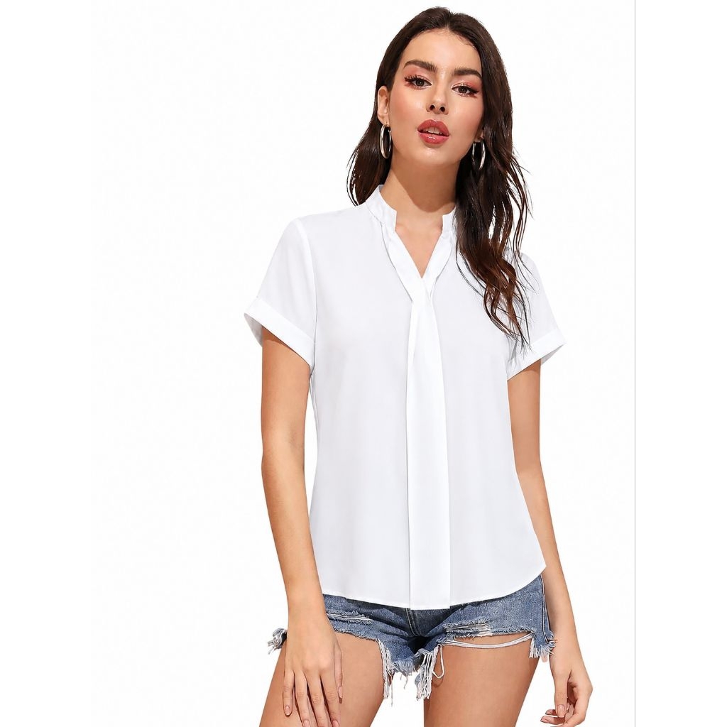 *LOVIS Women Short Sleeve V-Neck Pleated White Blouse/Blouse Wanita Branded