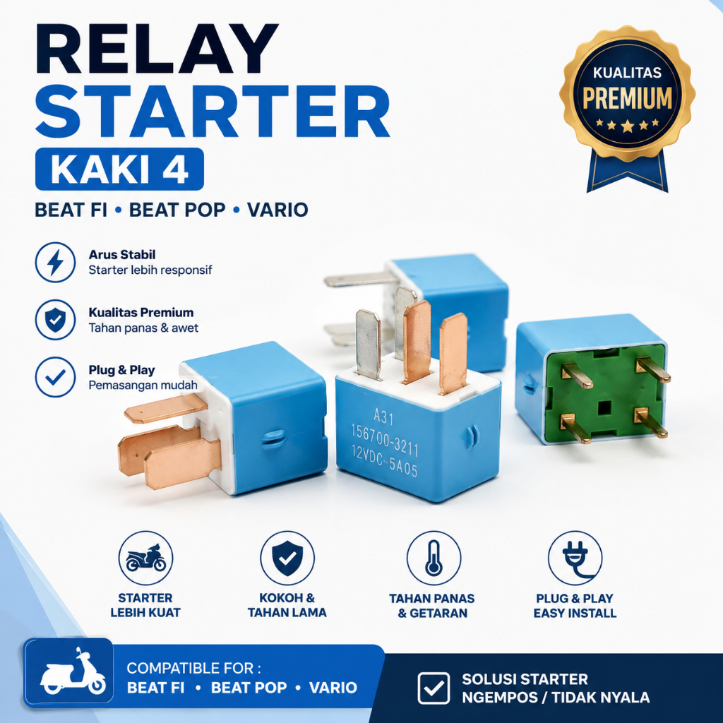 Relay Starter Kaki 4 Beat FI Beat Pop Vario KVZ 4 Pin Relay Starter Motor 12V