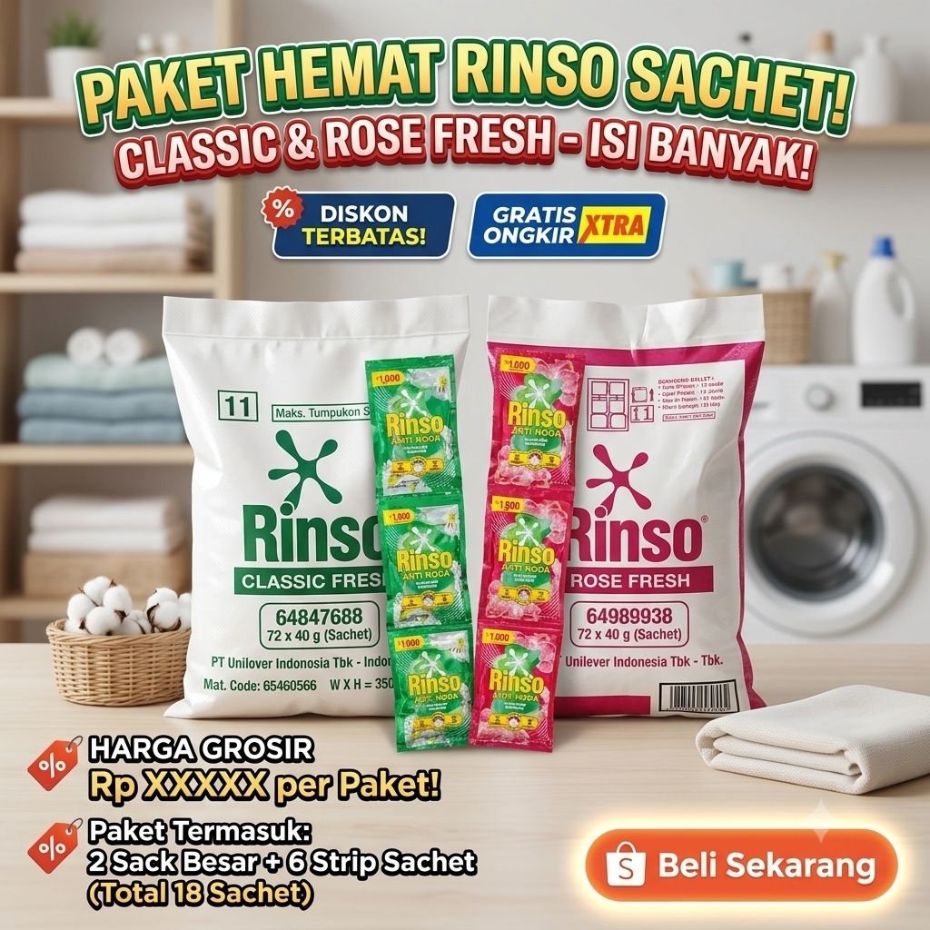 Rinso Bubuk sachet kemasan 1000 isi 72pcs (1SAK/KARUNG) Deterjen Bubuk pencuci Baju
