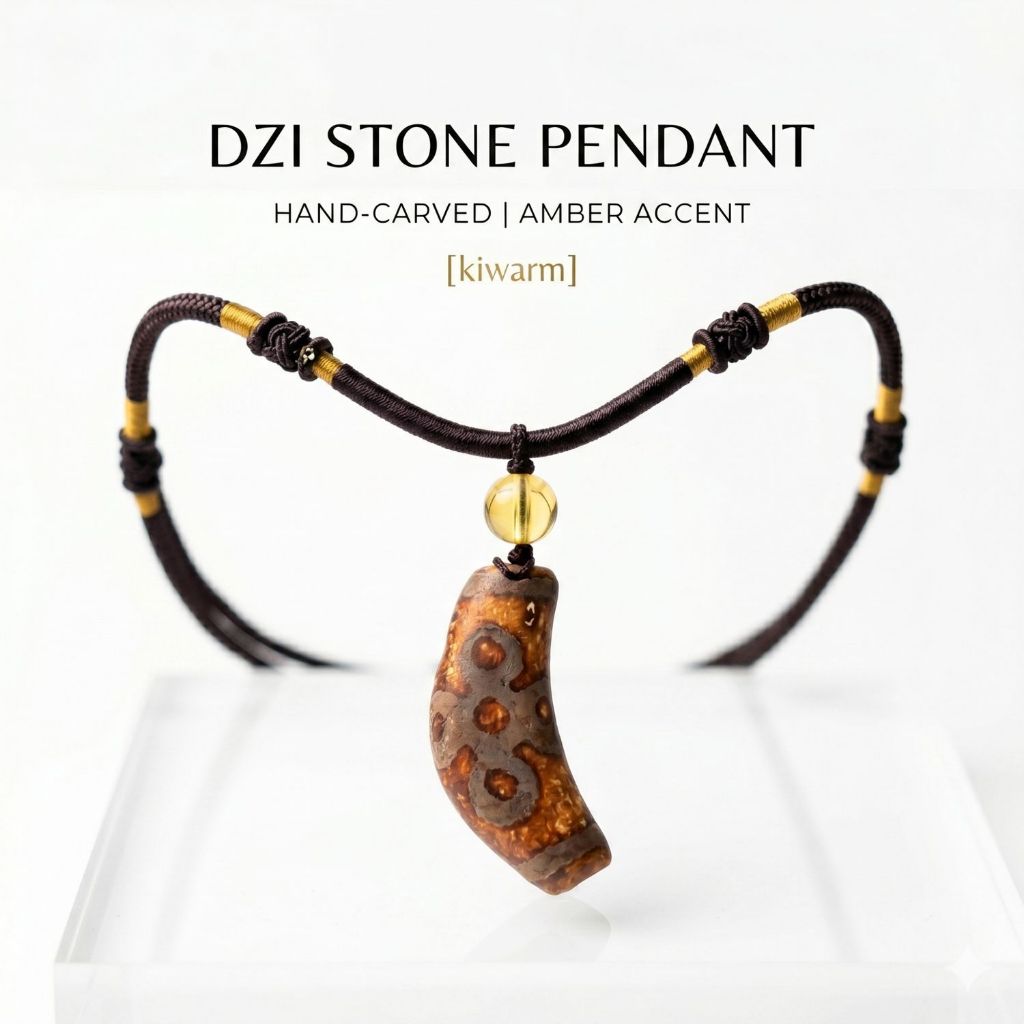 Kalung Dzi Bead 5 Mata & Citrine - Aksesoris Kalung Pria Wanita Etnik Premium Titanium Anti Karat