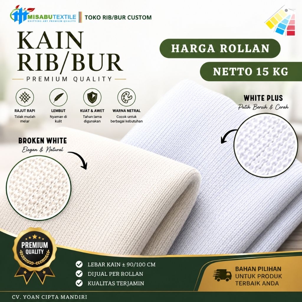 Misabu textile | Kain rib bur putih polyester premium polos roll