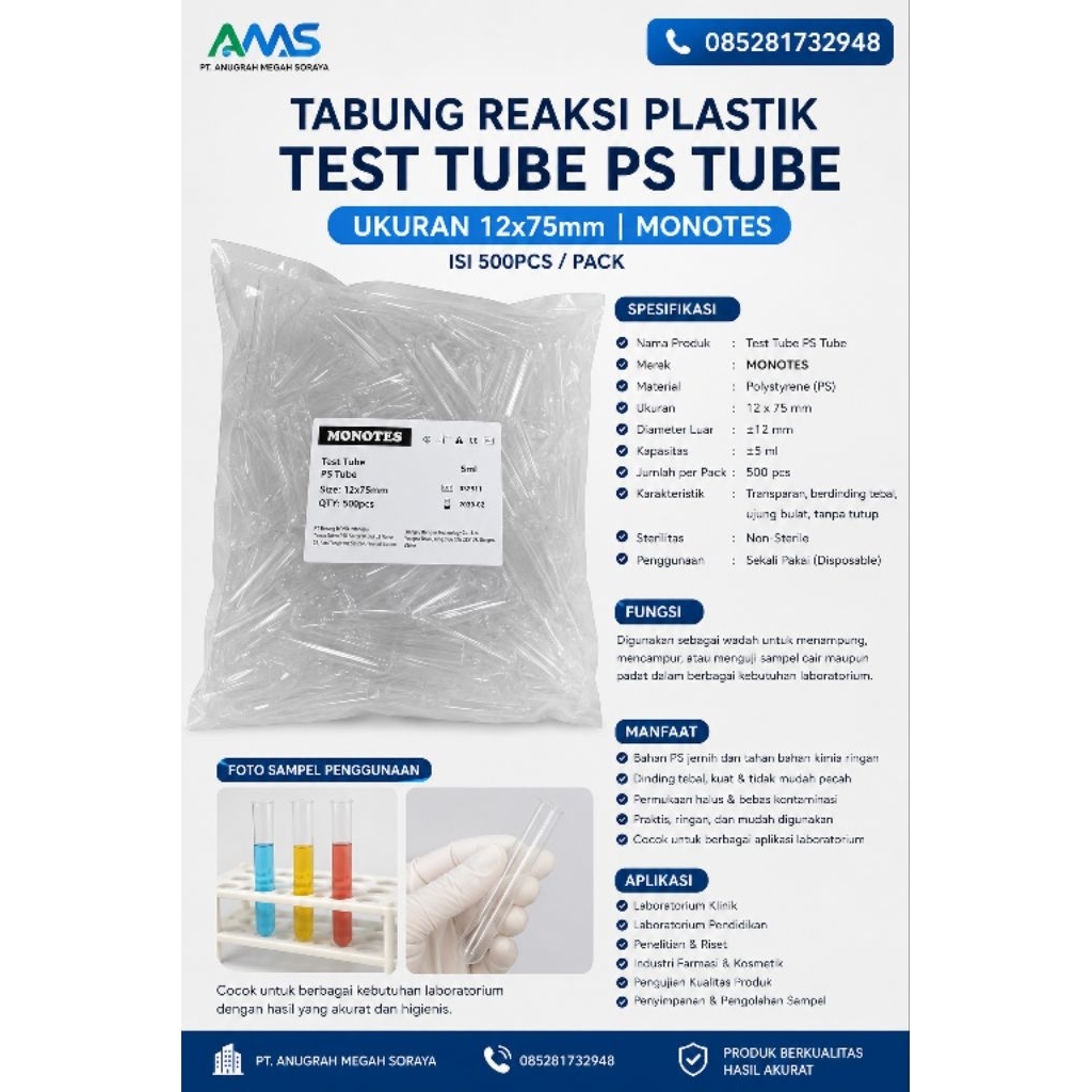 Tabung Reaksi Plastik Test tube Ps Tube 12x75mm monotes