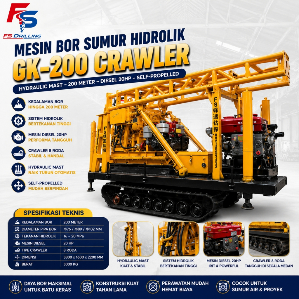 Mesin Bor Sumur Hidrolik GK-200 Crawler 8 Roda Mast Hidrolik Otomatis Kedalaman 200M Mesin Diesel 20
