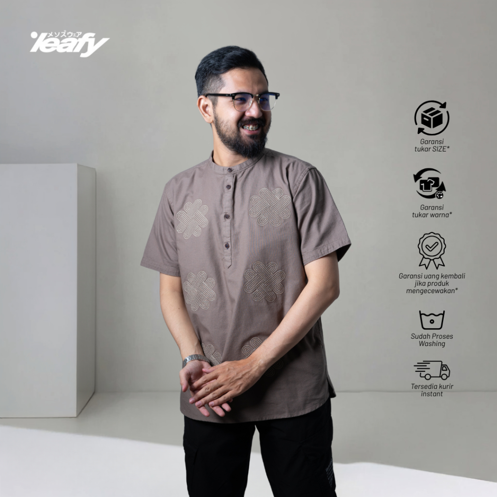 LEAFY - NRR 366 Kemeja Koko Pria Lengan Pendek Katun | Baju Atasan Muslim Kemko Tebal Cowok Dewasa