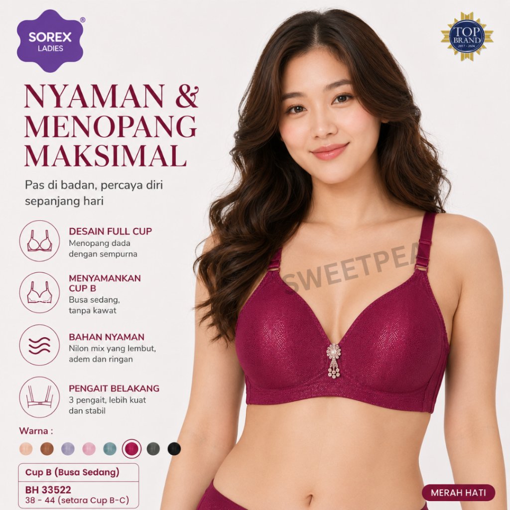 1pcs BRA SOREX BRA BH 33522 Tanpa Kawat Busa Sedang Kait 3 ukuran 30-44B/C