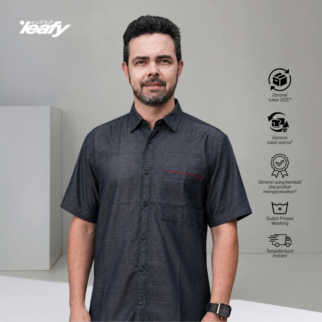 LEAFY - NR 242 Kemeja Koko Pria Lengan Pendek Denim Blue | Baju Atasan Muslim Kemko Cowok Dewasa