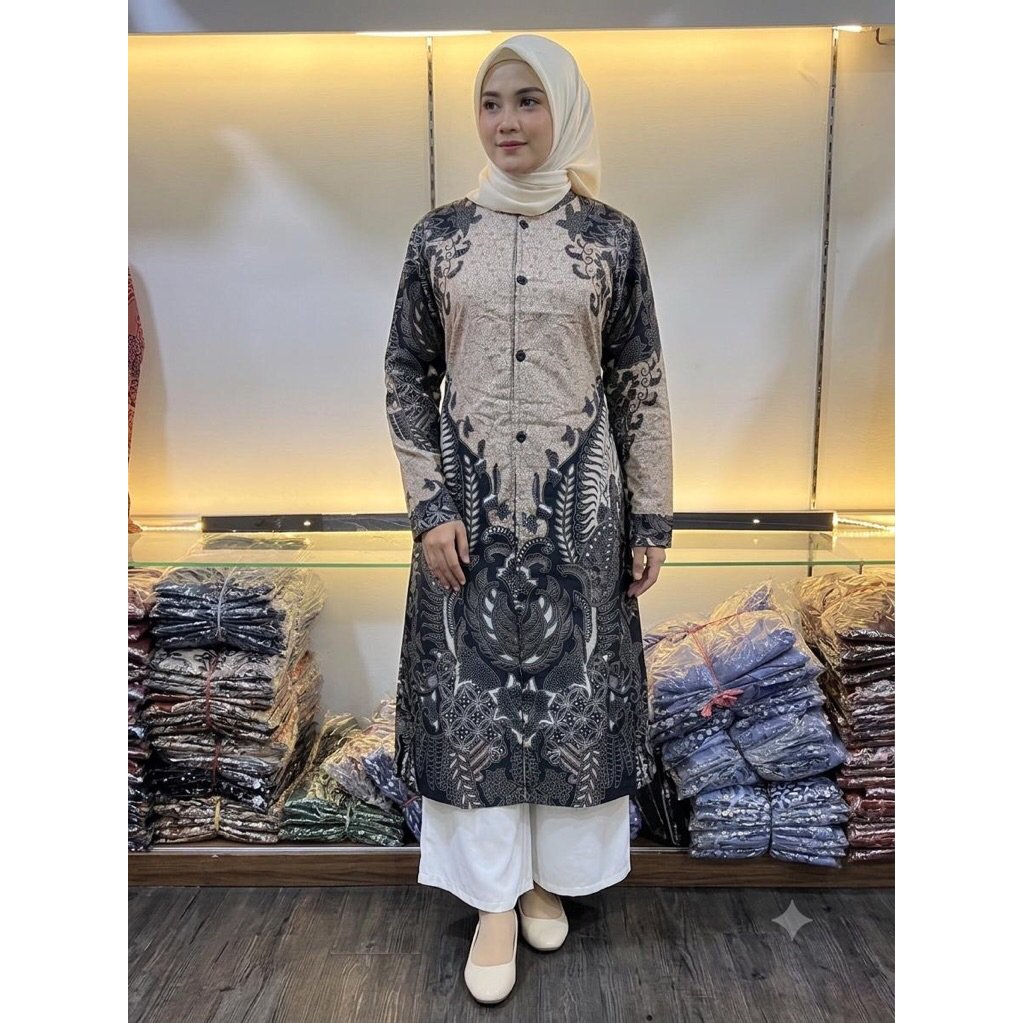 batik wanita model tunik lengan panjang kancing depan