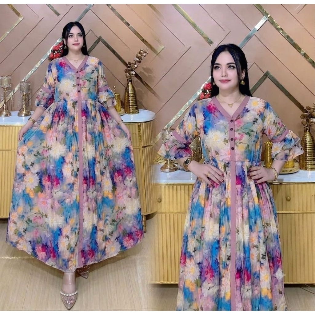 Dress wanita kancing Nafra, Lengan terompet katun rayon Ld -+110 PB -+135