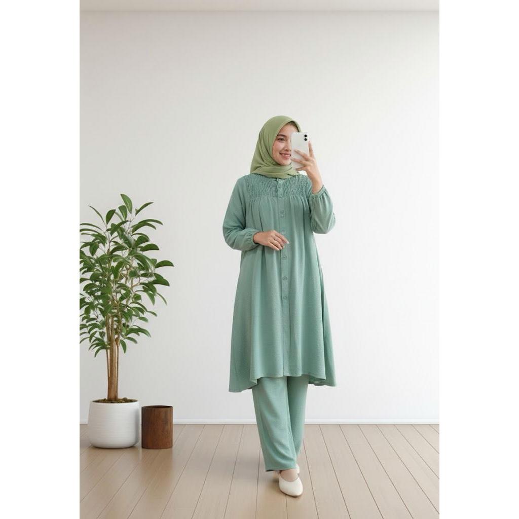 Jaya_Co Setelan Smok Crinkle / Setelan Celana Kerut Long Tunik Crinkle