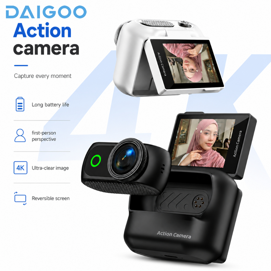 DAIGOO Mini Action Camera 4K WiFi Magnetik Kamera Sport Layar Putar 270° Vlog Motor Sepeda Helm Outd