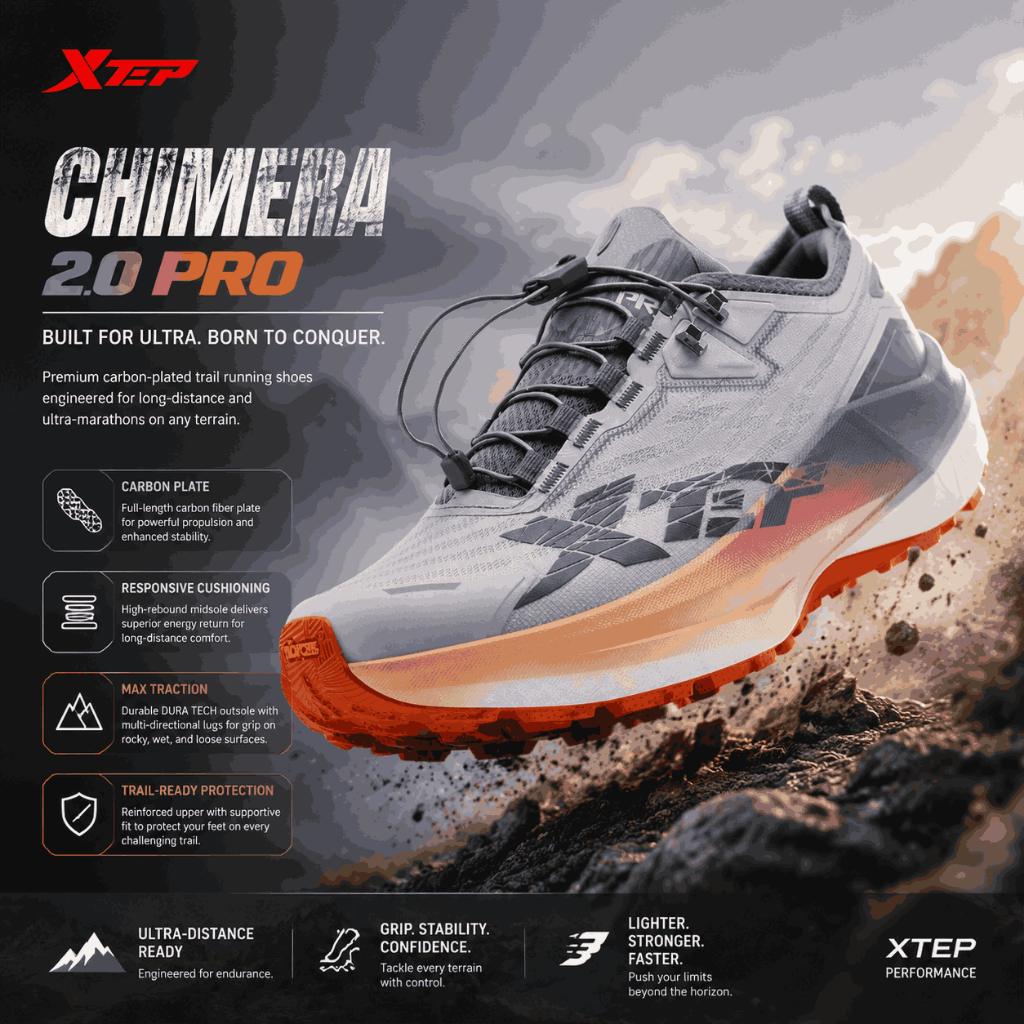 XTEP Chimera 2.0 PRO Sepatu Lari Wanita Trail Running Shoes Ultra Marathon High Traction Rugged Terr