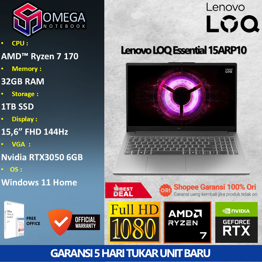 Lenovo LOQ Essential 15ARP10E Ryzen 7 170 32GB 1TB RTX3050 6GB 15,6 FHD Windows 11 + Office 144Hz