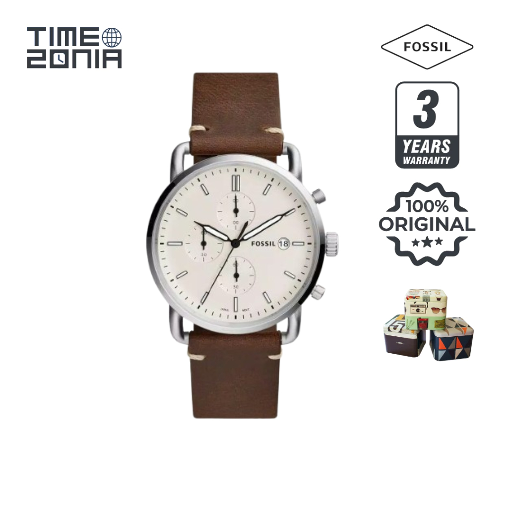 TimeZonia Jam Tangan Pria - Vintage Beige Chronograph Brown Leather