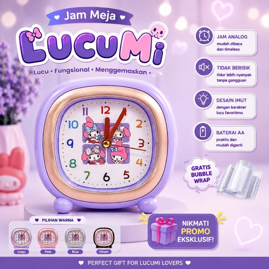 Jam Meja Kartun Karakter Lucu Warna Hitam Ungu Emas Desain Kotak Dekoratif