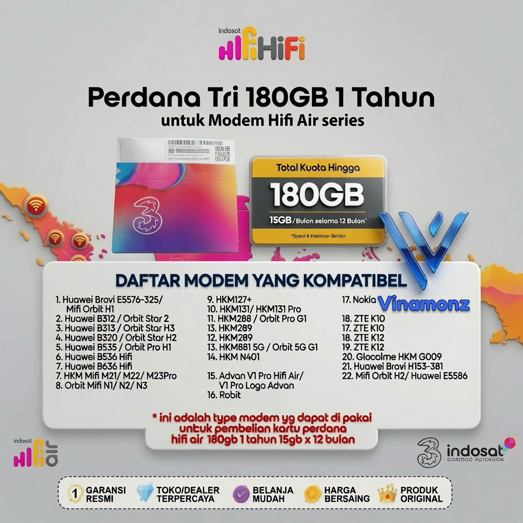 Kartu Perdana Indosat HiFi Air Three Modem 4G MiFi WIFI Router SIM 4G LTE – 180GB 15GB/12 Bulan Untu