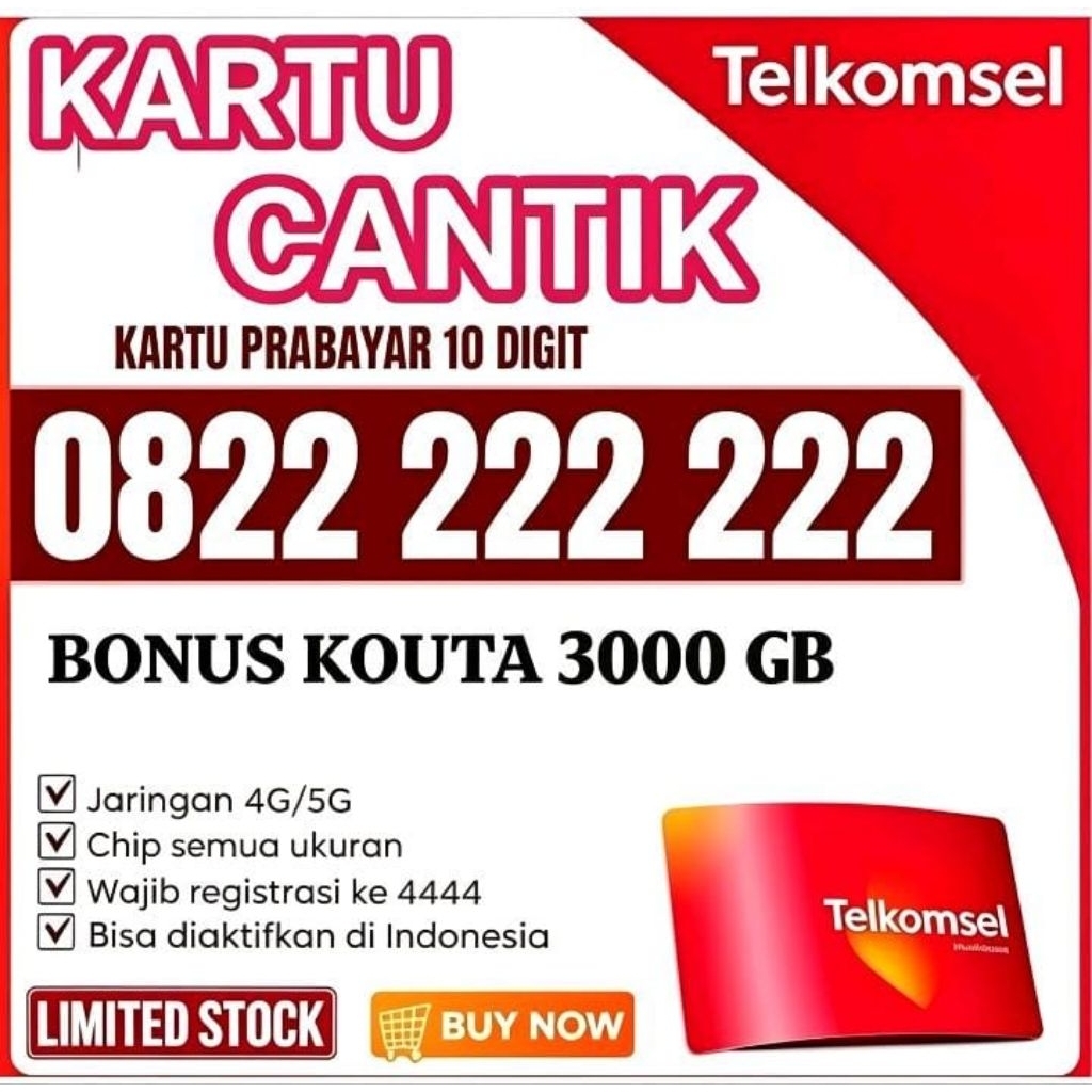 KARTU TELKOMSEL NOMOR CANTIK 10 DIGIT BONUS KOUTA INTERNET 3000 GB KOUTA UTAM 24 JAM MASA AKTIF 1 TA