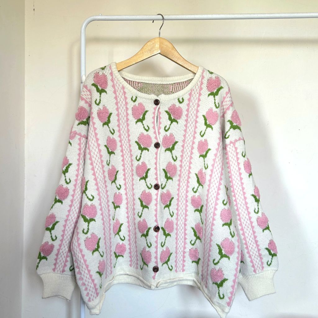 cardigan bunga sherpa timbul soft pinky cantik