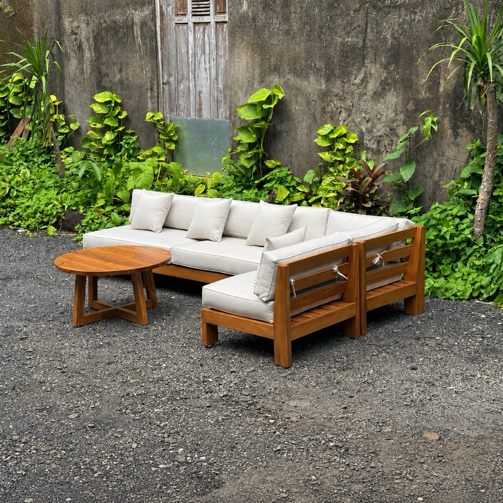 Set Sofa Taman Minimalis Kayu Jati L Shape + Meja Bulat | Sofa Outdoor Premium