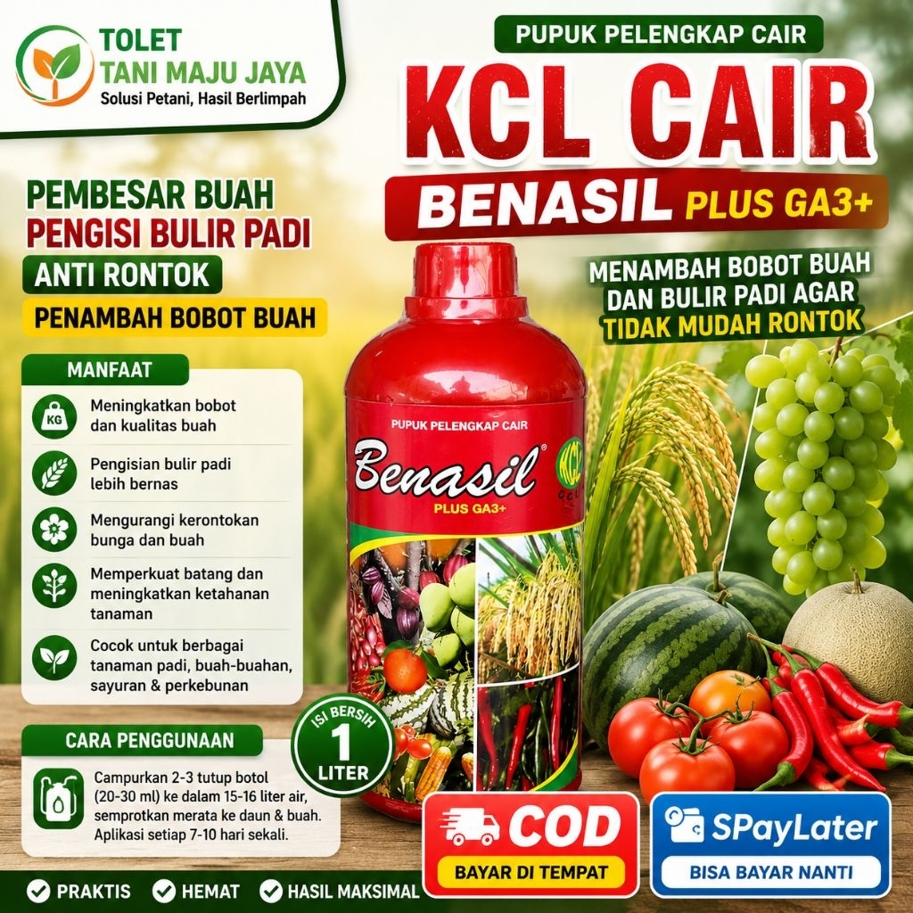 Pupuk KCL Cair 1 Liter Benasil Plus GA3 PPC Pembesar Buah Pengisi Bulir Padi Anti Rontok Penambah Bo