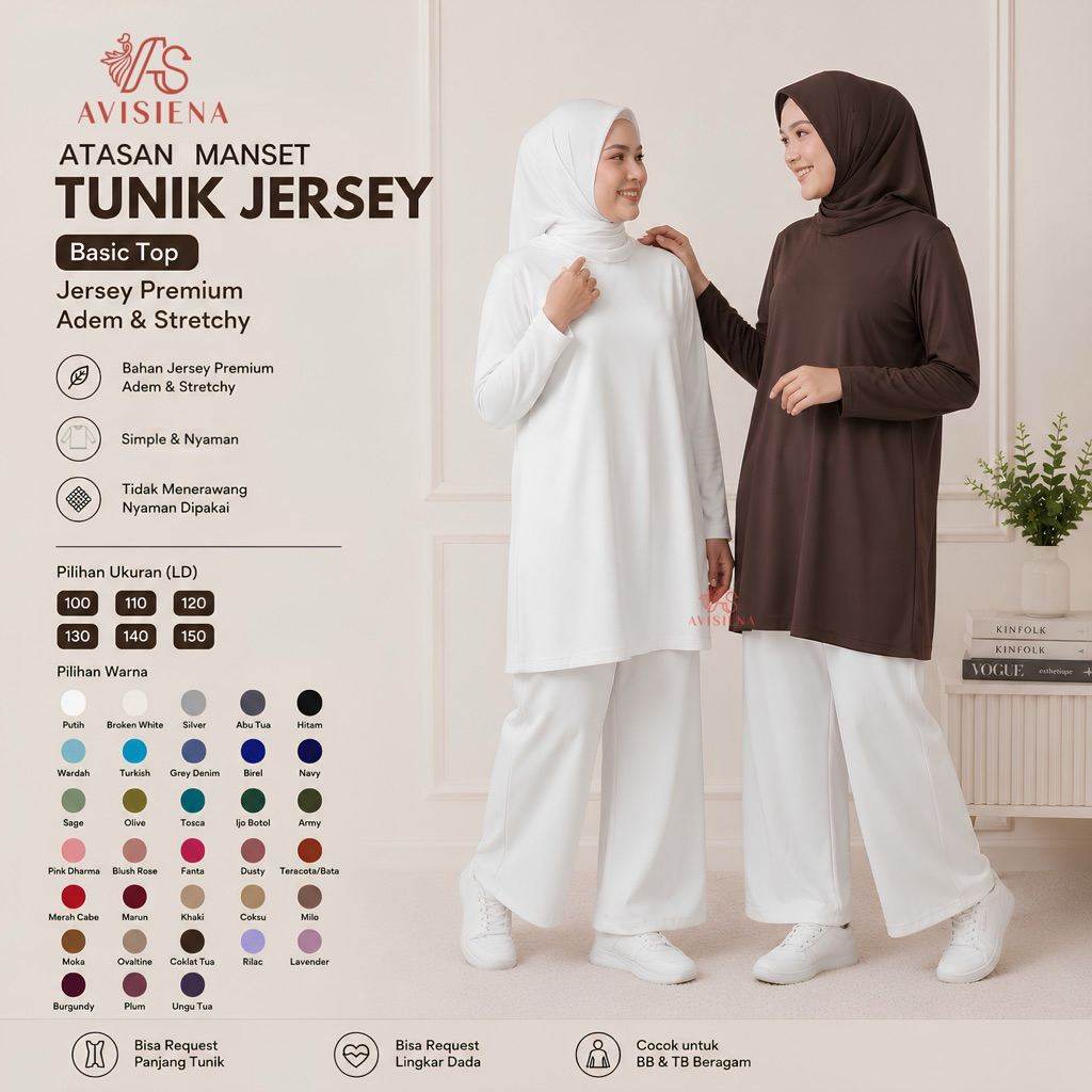 AVISIENA - TUNIK MANSET JERSEY BASIC TOP BLOUSE POLOS MELAR JUMBO | ATASAN BIG SIZE XXL XXXL