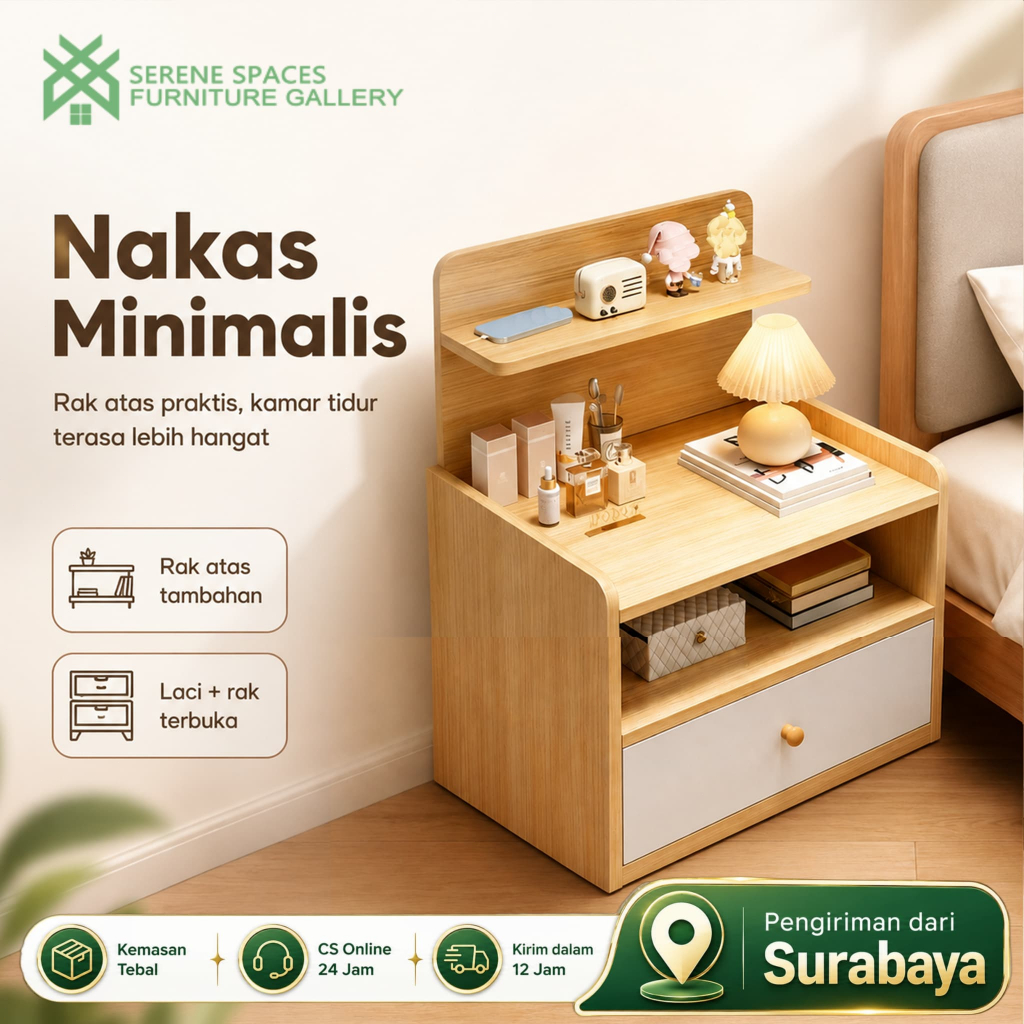 SERENE SPACES Lemari Samping Tempat Tidur Banyak Laci Penyimpanan Meja Nakas Serbaguna Meja Kamar Ae