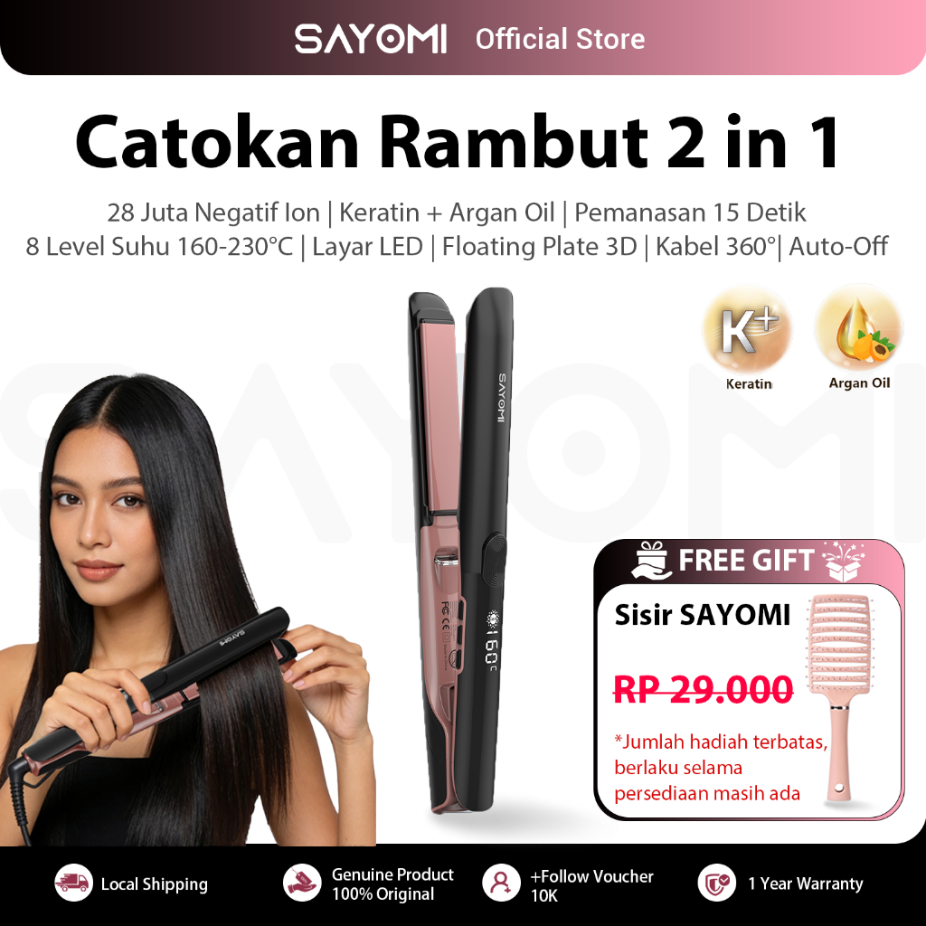 SAYOMI S3207 Catokan Rambut 2 in 1 - Pelurus & Pengeriting Rambut dengan 28 Juta Negatif Ion Keratin