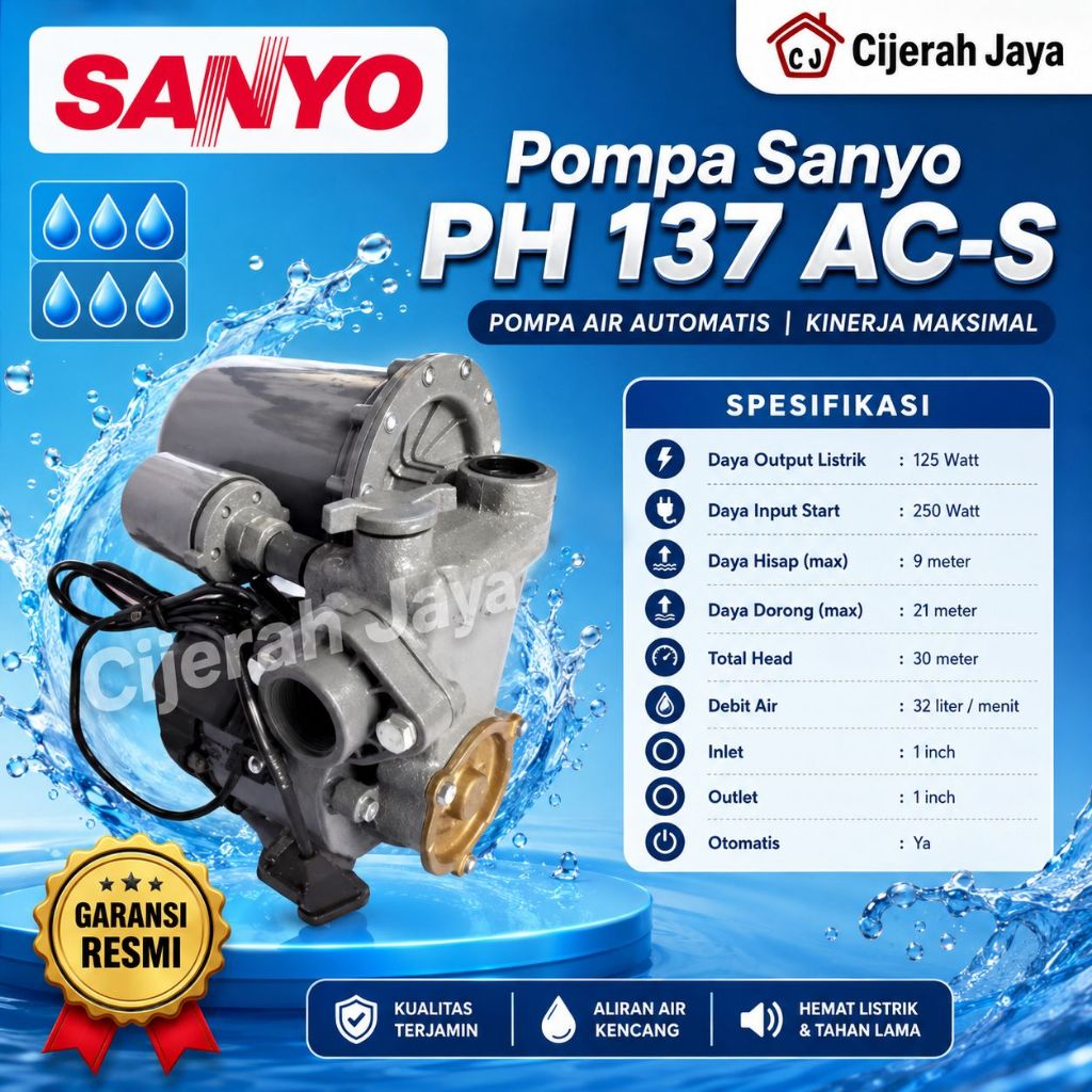 Pompa Air SANYO Otomatis P-H 137 AC / Pompa Pendorong Toren / Pompa Sumur Dangkal PH 137AC / PH137AC