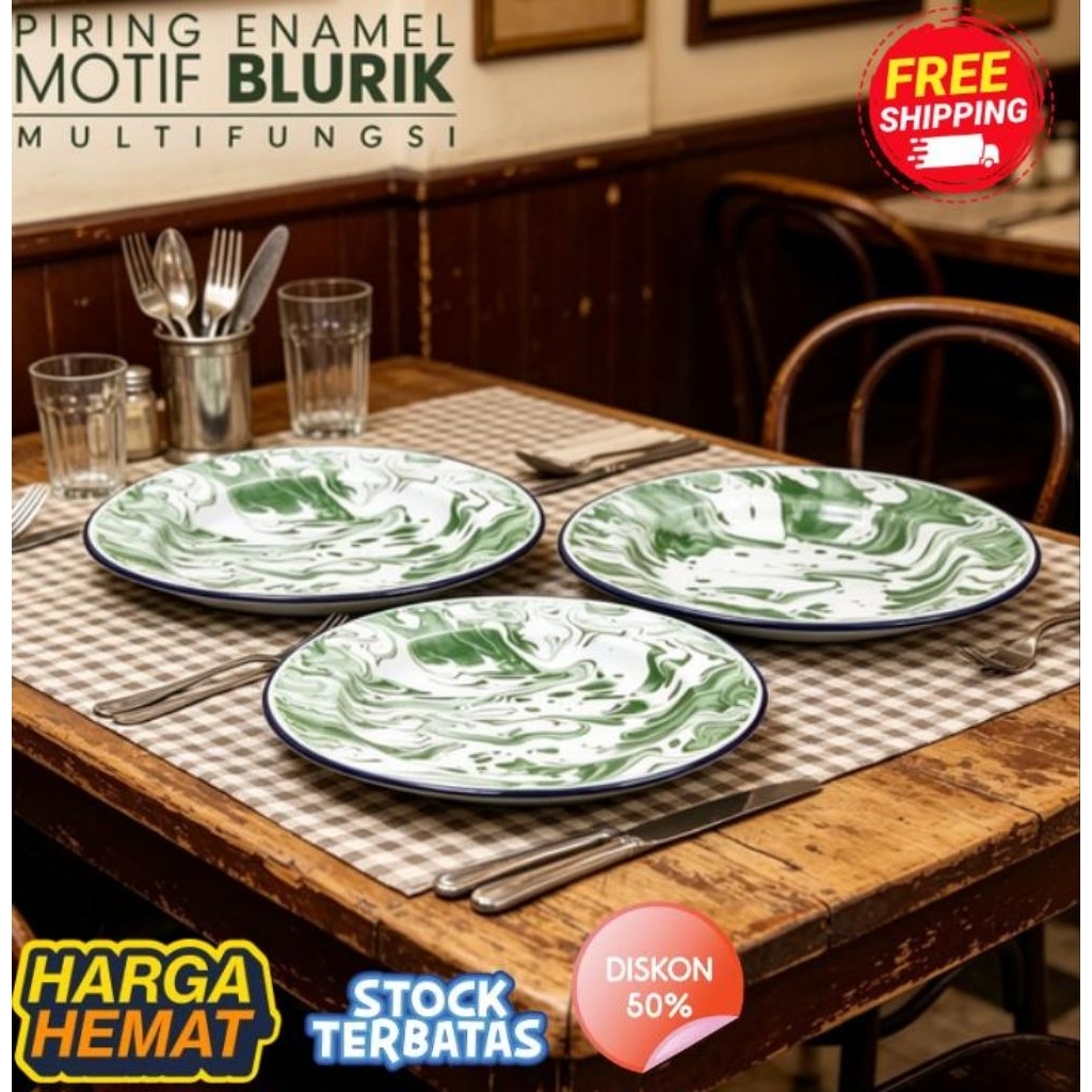 Piring Enamel Lurik Piring makan seng Jadul Classic 1 Pcs