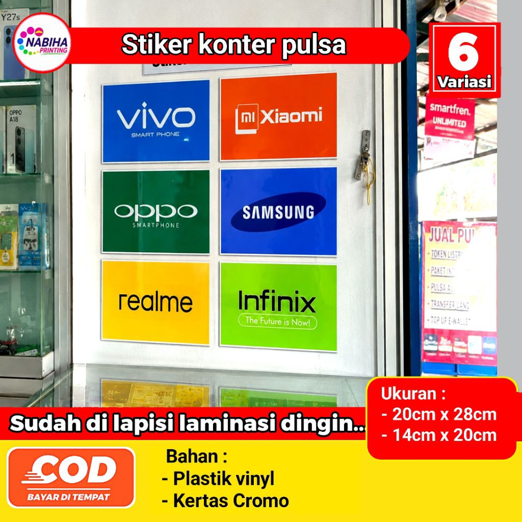 Stiker etalse konter merek hp VIVO,OPPO,XIOMI,REALME,SAMSUNG, INFINIX Bahan vinyl ukuran 20x28cm