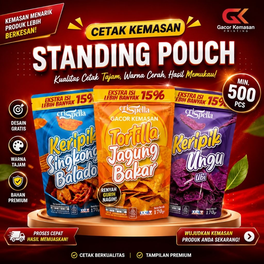 Cetak kemasan Standing pouch full printing