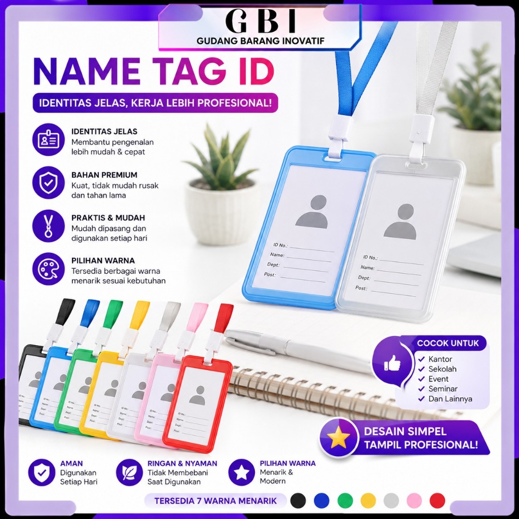 GBI  Name Tag Id Card Transparant Gantungan Kartu Nama Plastik Vertical Lanyard Potrait Motif Polos 
