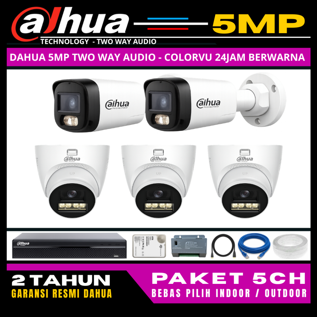 Paket CCTV Dahua Colorvu 5MP Two Way Audio 8 Channel 5 Kamera