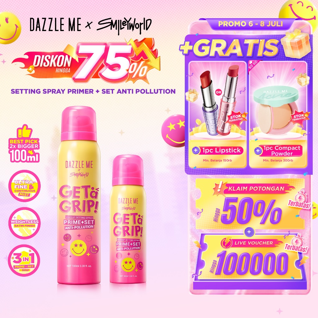 [BPOM] DAZZLE ME Get a Grip! SmileyWorld Edition Aerosol Setting Spray Prime+Set Anti-Pollution - Se