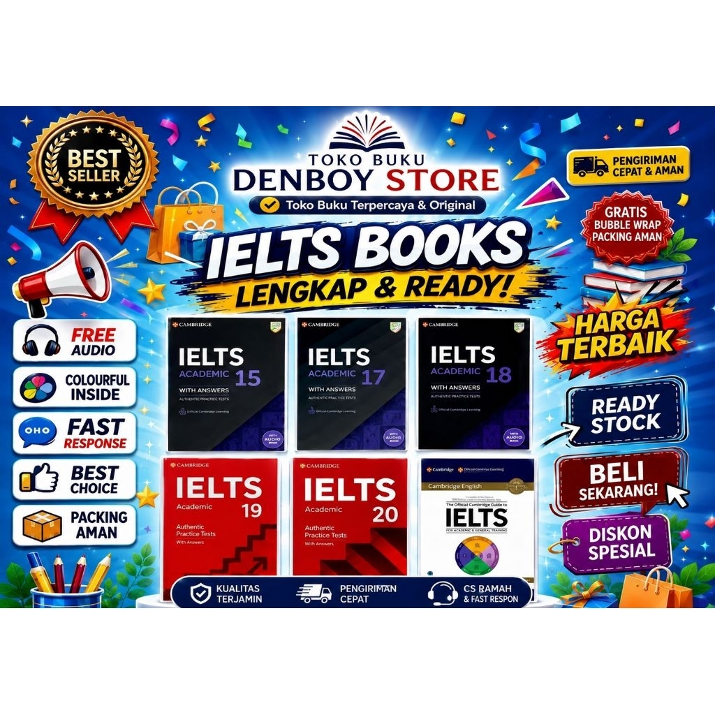 Buku Cambridge IELTS Academic 15 17 18 19 20 + Official Guide IELTS | Buku Persiapan Tes IELTS | Den