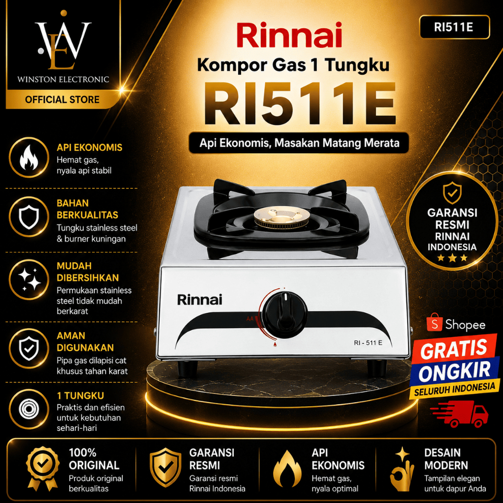 RINNAI KOMPOR GAS 1 TUNGKU STAINLESS RI511E/RI-511E/RI 511RE/Kompor Gas Rinnai/Rinnai Kompor Gas