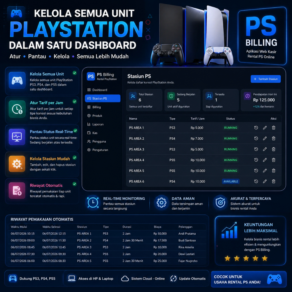 PS Billing - Aplikasi Web Kasir Rental PS Online, Bisa Diakses HP & Laptop, Timer Otomatis Real Time